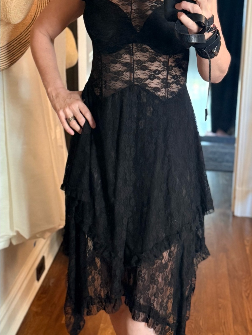 Women's Black Lace High-Low Dress with Sheer Bodice